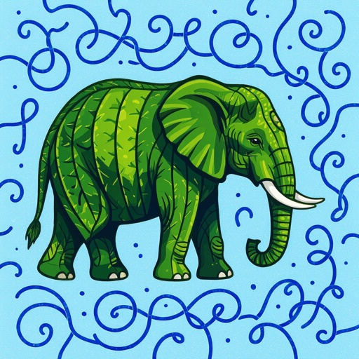 Krullen als achtergrond met een olifant als cactus