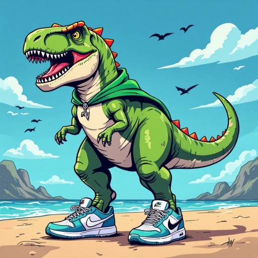 T-rex con il corpo di uno squalo con tre scarpe Nike e un bastone magico mantello verde
