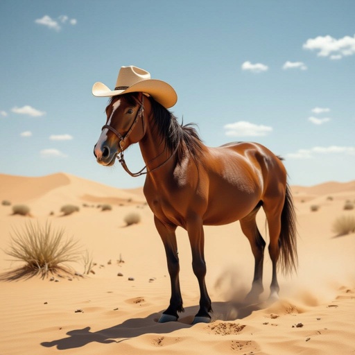Horse with a hat that is in the desert 
