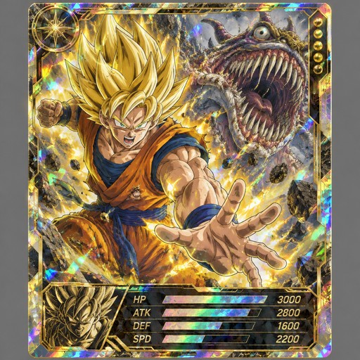 Anime trading card of a golden-haired fighter reaching forward amid glowing energy and a monster.