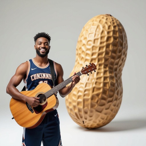 A basketball player holding a guitar and a peanut in the background