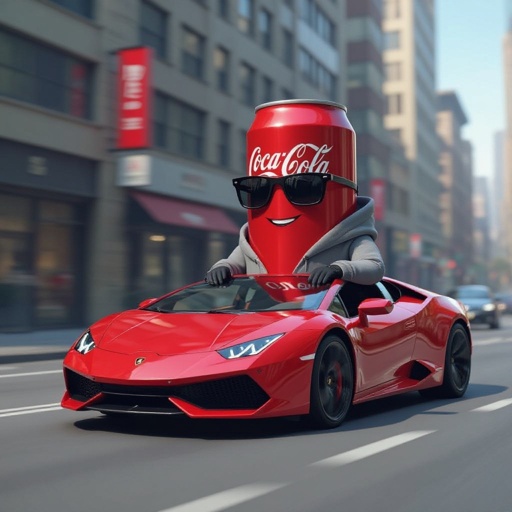 Make a can of coke a cola drive a Lamborghini in city and he has glasses on with a hoodie
