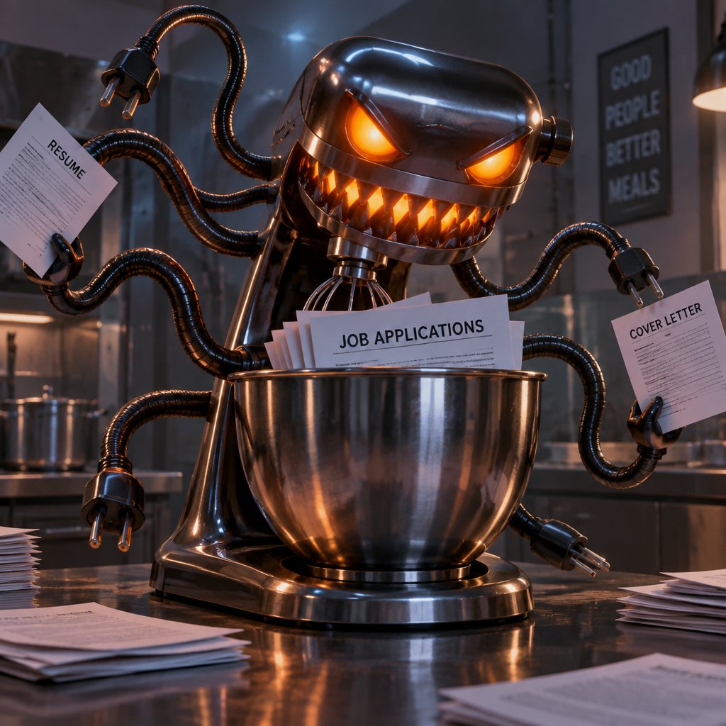 Glowing robotic creature holding job applications in an industrial office.