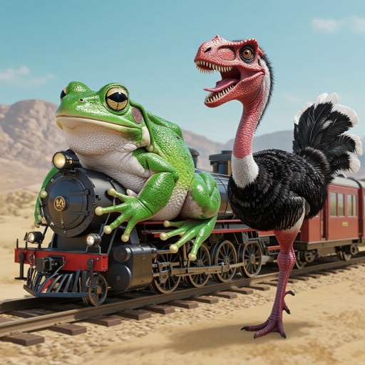 Una rana fusa con una ruota fuso con un t-rex fantasma fuso con lo struzzo treno futuristico usa ad un elefante fragola