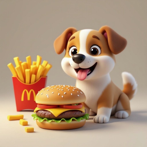 Hamburger, happy meal french fries dog