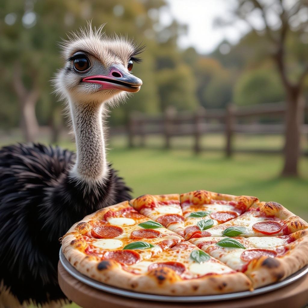Ostrich mix with a pizza