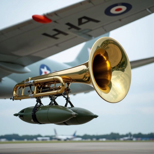 , un aeroplano con la testa di bombardino con sotto delle bombe vista rate lare