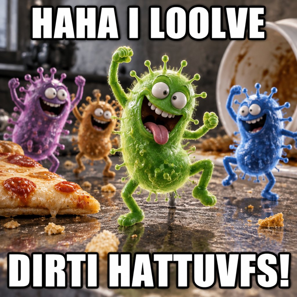 Bright cartoon monsters dance on a pizza-covered floor beneath bold white text.