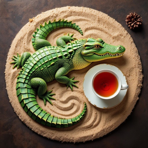 Crocodil with tea wit sand