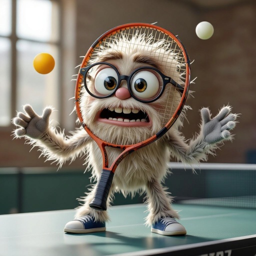 a live table tennis racket with a flying ball, two hairy praccias and two hairy legs, two eyes and a mouth and glasses
