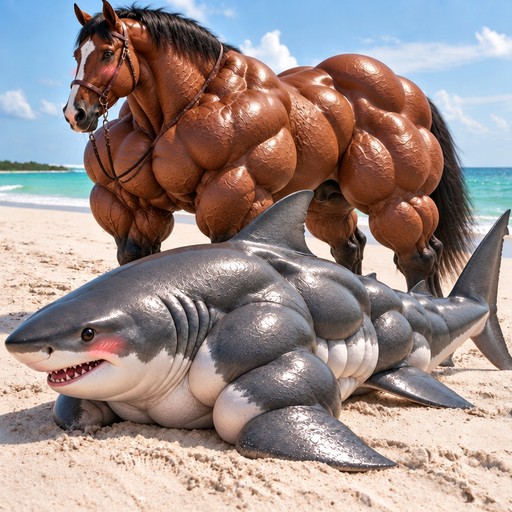 Surreal muscular horse and shark on a sunny beach, photorealistic style