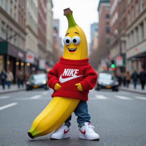 Make a banana wearing Gucci jumper with Nike shoes in city