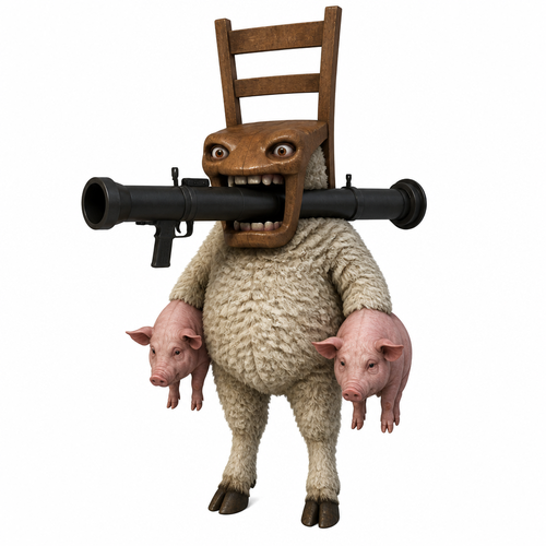 Crea un Brainrot e deve essere una pecora con un bazooka in bocca e al posto delle mani metti un maiale e la Testa a forma di una sedia
