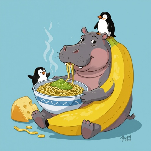 Un ippopotamo con il corpo di banana conuna ciotola con dentro della pasta e pesto con vicino un grana padano vicino e ha pingu sopra la testa