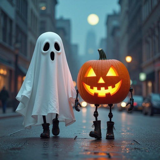 Ghost with 2 human leg and jack o lantern pumpkin with 2 human leg in city