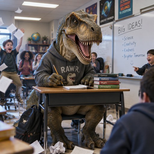 A roaring dinosaur in a classroom sits at a desk with books while people watch.