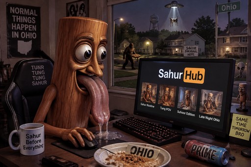 Cartoon wooden character using a laptop beside food in a dark Ohio-themed room