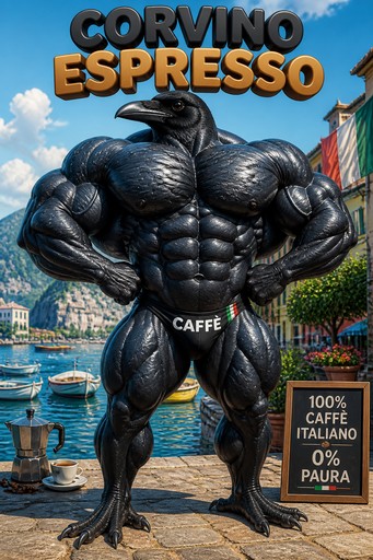Muscular black bird character posing by a sunny waterfront with colorful text.