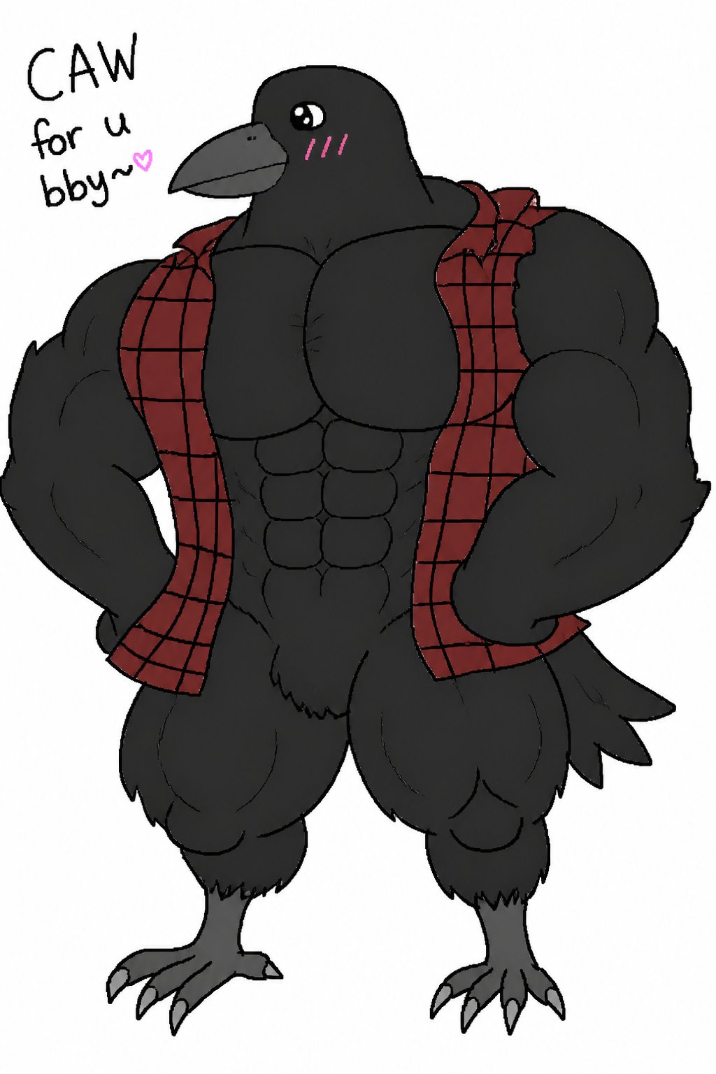Cartoon black crow wearing a red plaid vest, flexing with wings raised.
