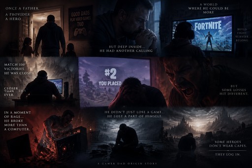 Dark Fortnite collage with silhouetted people, dramatic landscapes, and white text overlays
