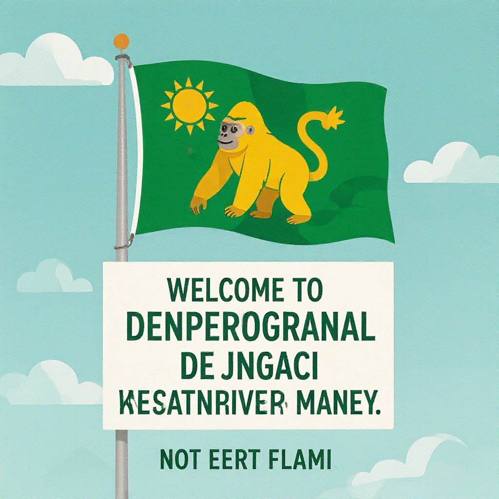 黄色いゴリラと太陽が描かれた緑色の背景の旗