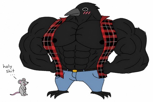 Cartoon muscular black bird wearing a red plaid vest and blue pants, beside a tiny figure