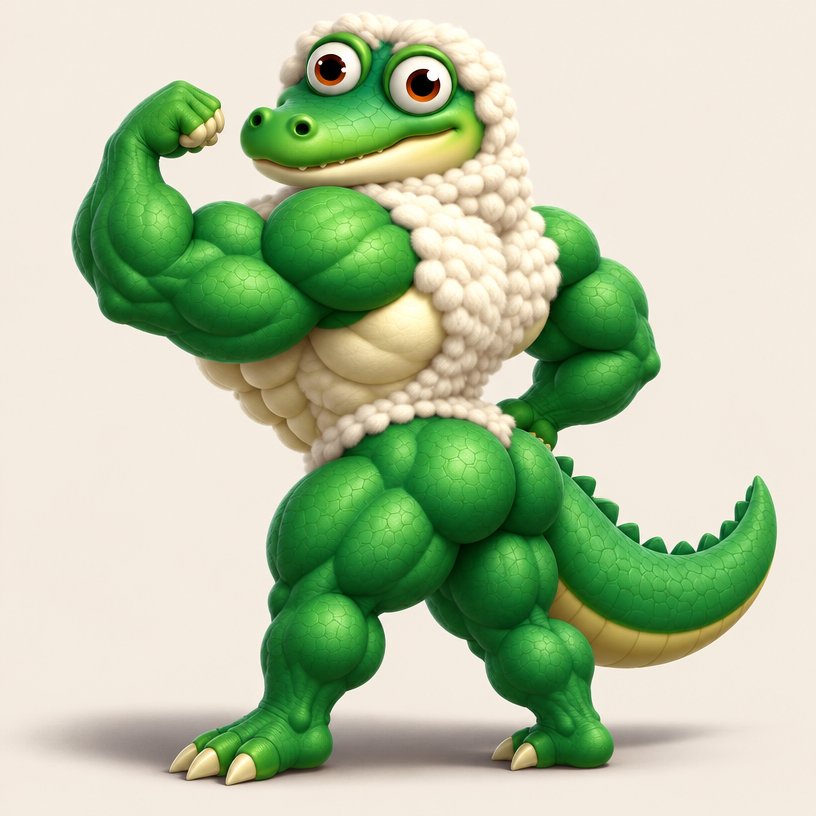 Cartoon green muscular frog-like creature flexing with a curled tail and fluffy white collar