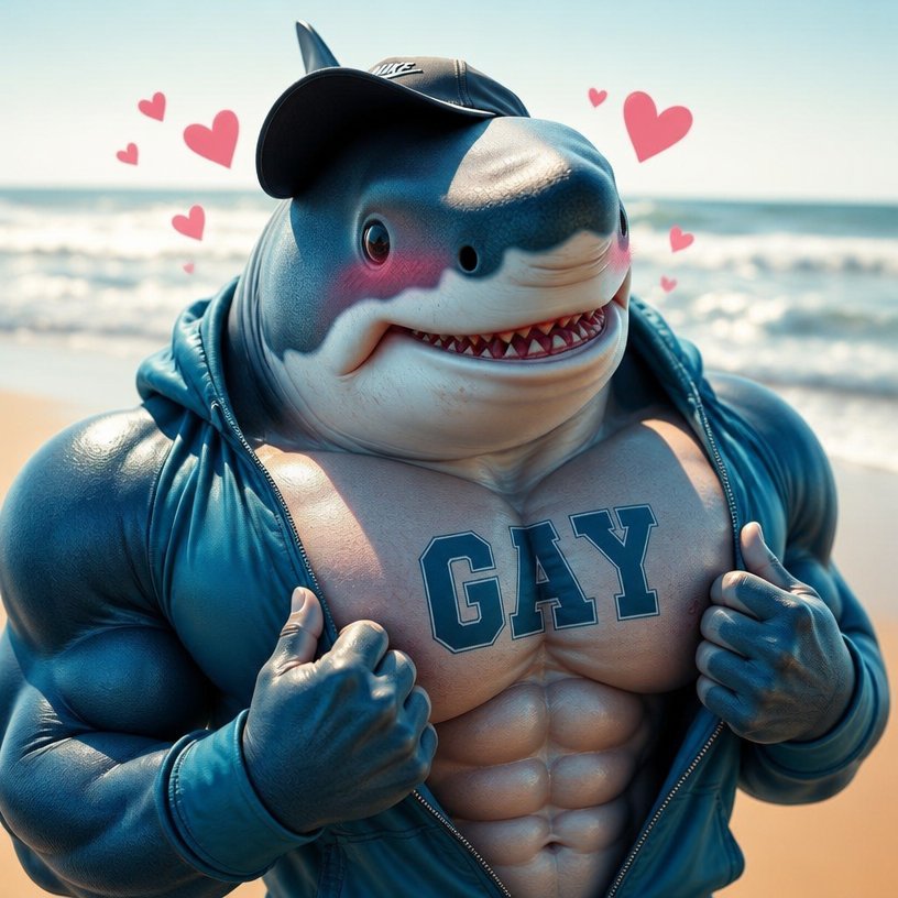 Cartoon blue shark wearing a cap and jacket, posing with thumbs up by the ocean.