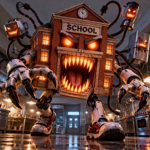 Glowing orange monster school surrounded by robots in a dark, cinematic scene