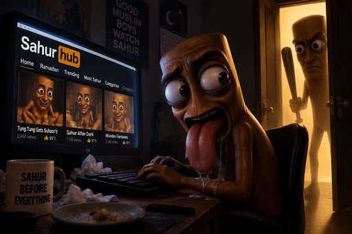 3D cartoon character with exaggerated features at a computer in a dim room