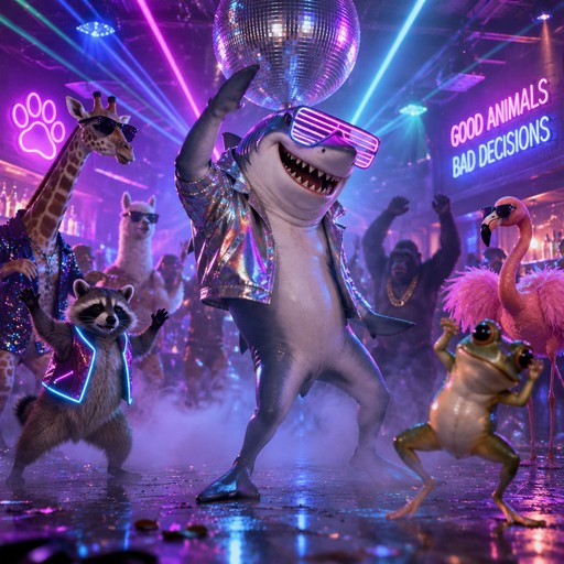 Dancing shark and animals under neon lights at a disco party
