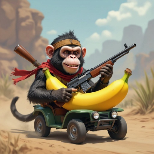 Una scimmia che guida una banana e che a in mano un fucile e vestita da bandito