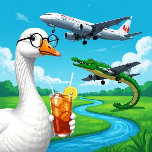 Goose wear glasses with iced tea what to see I see crocodile with bomber plane body in sky in river