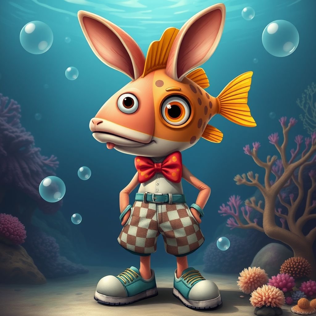 Un coniglio pazzo con la testa da pesce