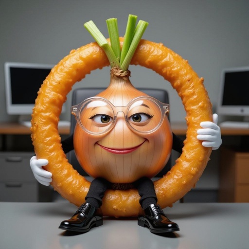 Make a onion ring with glasses with a smug face wearing black shoes and he’s in a office