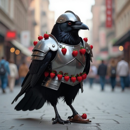 Crow with wear armor and armor helmet with 9 raspberry on armor with 2 sandals in city