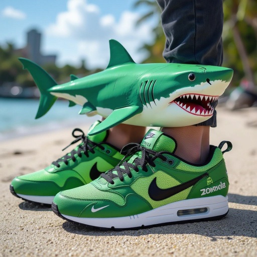 Uno squalo verde con delle scarpe Nike zombie con scritto: zombie tralala