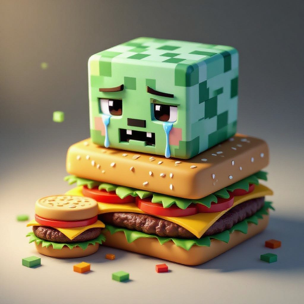 Um estive do Minecraft bebê chorando com um hambúrguer quadrado na cabeça
