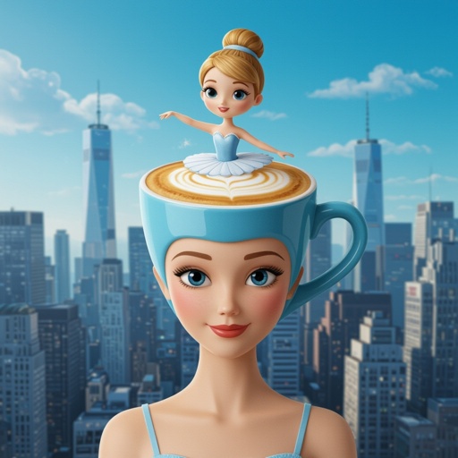 Ballerina with cappuccino head with ballerina face in city