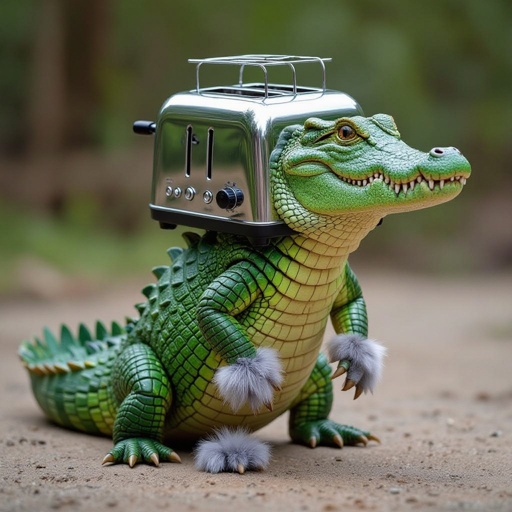 Un crocodilo con una cabeza de una tostadora y las 4 patas que sean de un lobo