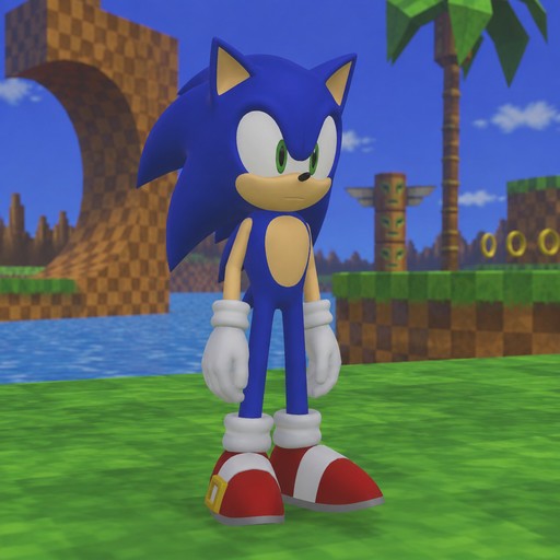 Blue cartoon hedgehog stands in a colorful pixelated landscape with water and palm trees.