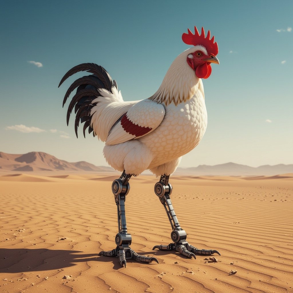 Chicken fan body 2 robot leg in desert