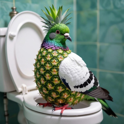 Un piccione con il corpo di ananas seduto su un cesso 