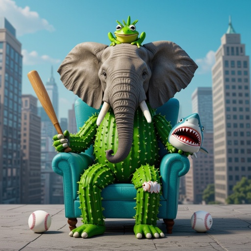 Elephant with cactus body with tire with frog head and shark head with wood man with baseball bat sitting on cyan chair in city