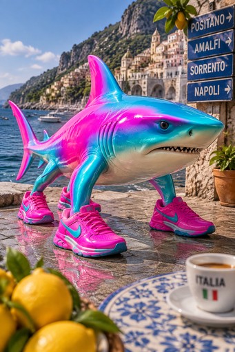 Colorful cartoon shark wearing pink sneakers beside directional signs and a seaside walkway.