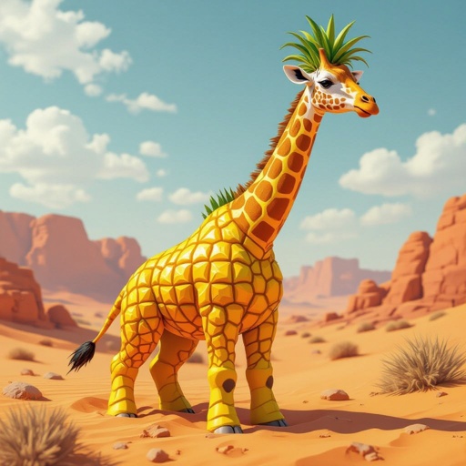 Giraffe with pineapple body with pineapple hair on back in desert