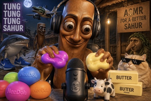 Cartoon character wearing headphones at a microphone with colorful objects and butter labels