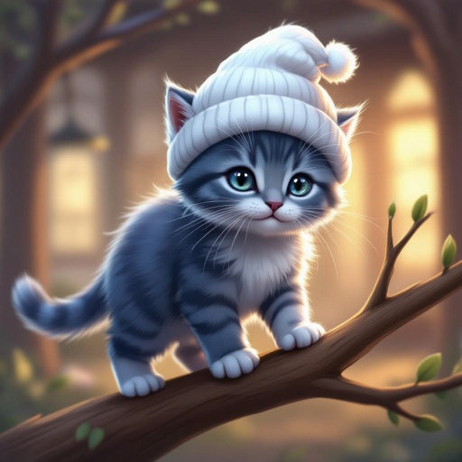 Un mini gato medio perdona azul con sombrero balnco que ande por una rama
