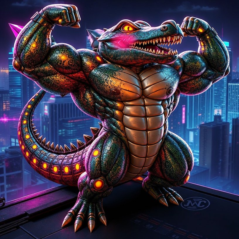 Colorful digital art of a muscular dragon-like creature flexing in a futuristic neon city.