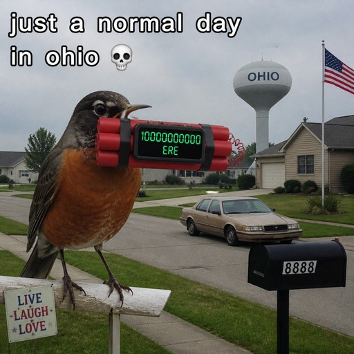 Cartoon bird holding a red digital device beside an Ohio water tower and mailbox